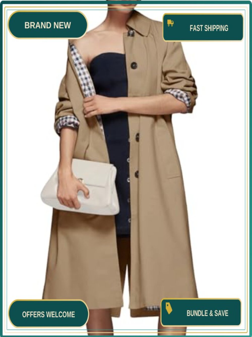Womens Long Trench Coat Single Breasted Lapel Plaid Lined Oversized Windproof